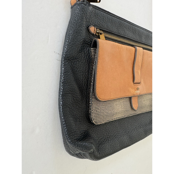 Fossil Crossbody Bag Messenger Black Tan Leather Top Zip Pockets Adjustable - Picture 5 of 16